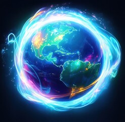 Glowing planet Earth with North and South America visible, encircled by swirling neon light trails and a vibrant, energetic aura