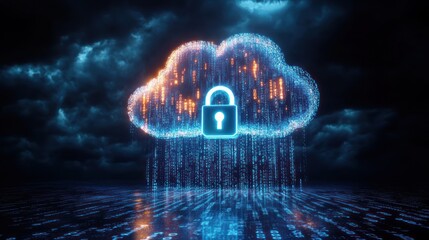 Glowing digital cloud of cascading binary code with central padlock over reflective data surface under stormy sky, conveying futuristic secure protection