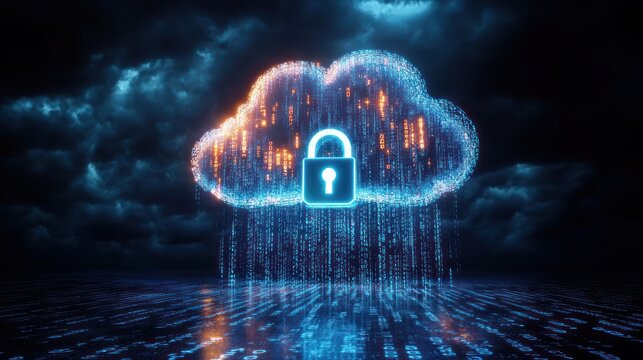 Glowing digital cloud of cascading binary code with central padlock over reflective data surface under stormy sky, conveying futuristic secure protection - Powered by Adobe