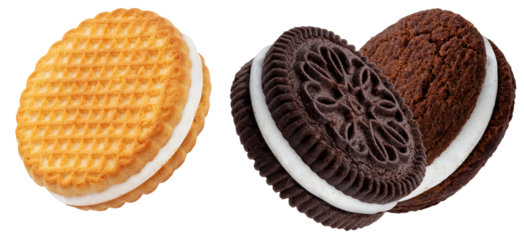 delicious and sweet golden sandwich cookie photograph featuring a delicate waffle pattern with creamy white filling on a dark background.