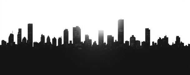 High-contrast panoramic city skyline silhouette with skyscrapers and urban buildings against a bright white sky, evoking a dramatic, minimalist, mysterious mood