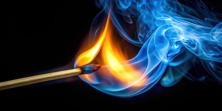 A single matchstick with a bright blue flame burning on the end