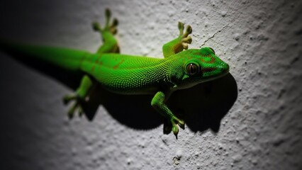 Fototapeta premium Vibrant Green Gecko Clinging to a Textured Wall at Night.