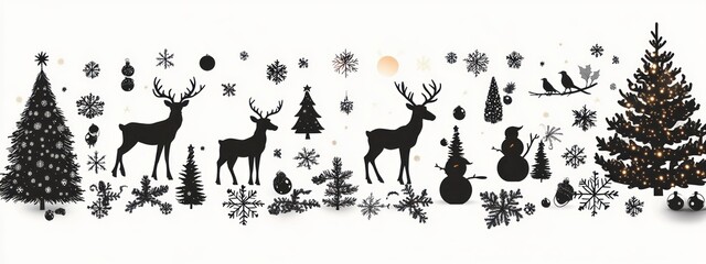 black festive winter silhouettes of decorated fir trees, reindeer, snowflakes, snowmen, birds, ornaments and pine branches with warm glowing lights, joyful cozy mood