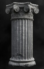 Worn classical Ionic stone column with fluted shaft, ornate volute capital and carved foliage, aged and solemn against a dark background