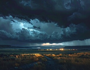 Obraz premium Dark, stormy scene with lightning flashing over a rural landscape