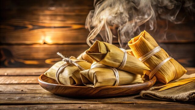 Steaming hot traditional Brazilian pamonha made with fresh corn and wrapped in corn husks on a wooden table