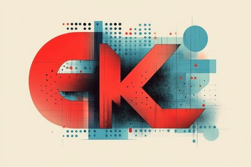 Bold red three-dimensional stylized letters e and k with teal geometric shapes, halftone dots, grid lines and grunge texture on a light beige background, energetic retro-futuristic feel