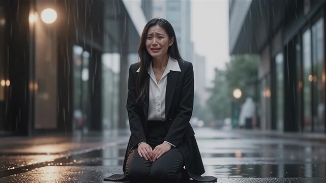 Businesswoman Crying on Her Knees in Rain on City Street
