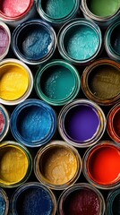 Fototapeta premium Vibrant paint cans filled with colorful pigment. Open paint pots in a rainbow palette. Art supplies for interior design and home improvement projects
