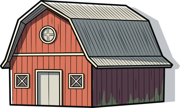 Illustration of a classic red barn with a gray roof, featuring a round window and crossbuck details, casting a shadow on a white background isolated on white background