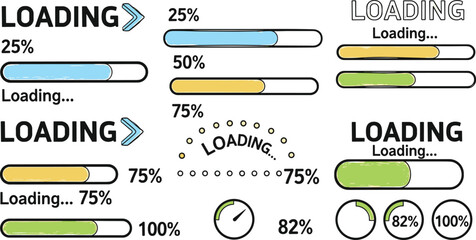 Various loading progress indicators with percentages, including bars, circles, and text, isolated on white background a collection of visual elements
