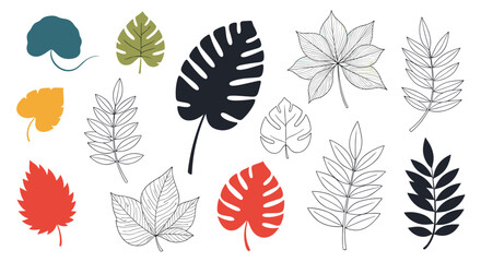 Fototapeta premium An assortment of vibrant and outlined leaf illustrations showcasing different botanical forms and artistic styles.