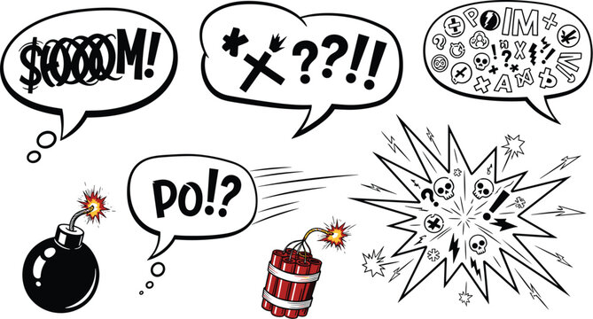Cartoon explosion speech bubbles with comic style text isolated on white background hand drawn vector illustration of boom cloud with expression words