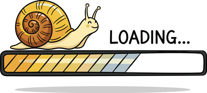 A cartoon snail crawls across a loading bar, symbolizing slow internet speed and frustrating delays, isolated on white background