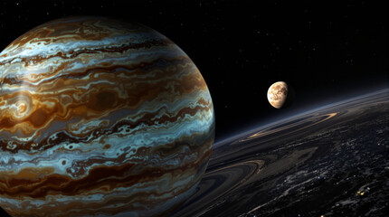 Vast gas giant amber and teal swirls evokes wonder ringed planet moon stars shine in deep cosmos