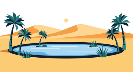 Obraz premium A vibrant illustration of a peaceful desert oasis with clear blue water, several green palm trees, and rolling sand dunes under a sunny sky.