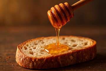 Honey dripping from a wooden dipper stick onto a slice of bread on a rustic table for breakfast concept