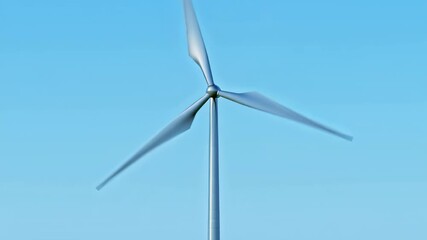 Wind turbine blades rotating against a bright blue sky. Great for sustainability, renewable energy, eco technology, and clean power visuals