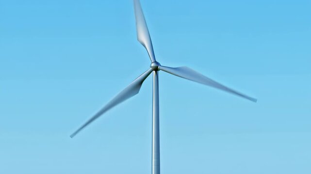 Wind turbine blades rotating against a bright blue sky. Great for sustainability, renewable energy, eco technology, and clean power visuals