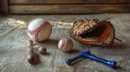 Worn leather baseball glove, three scuffed baseballs, a short wooden bat and blue training tees on a rustic wooden table, evoking nostalgic summer practice