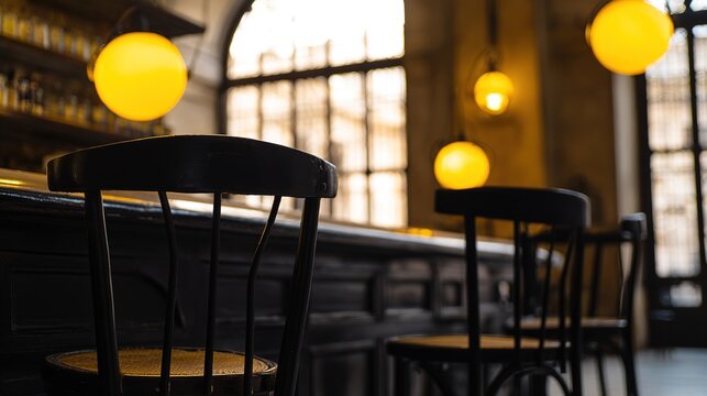 establishment. Vintage Italian bar interior with dark wood furniture and warm yellow lighting. real-estate listings.