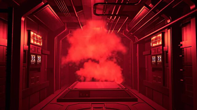 Red smoke explosion in a futuristic metallic hallway. Great for sci-fi, dystopia, emergency, fire drill, or industrial technology visuals