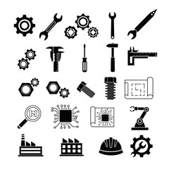 Mechanical engineering icons showcasing industry tools and hardware, perfect for representing manufacturing, construction, and technical design innovation