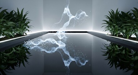 Abstract Particle Wave Flowing in Modern Minimalist Room with Reflective Pool 3D Render