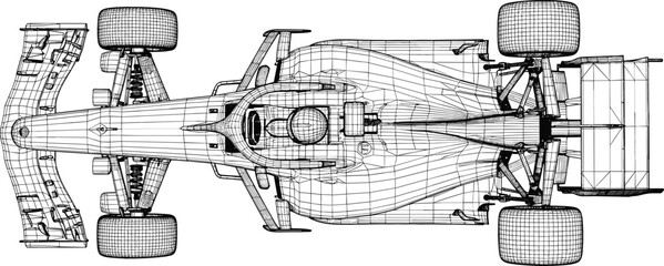 Top view 3D wireframe mesh model of a professional racing car for automotive engineering and digital design projects © Bappi