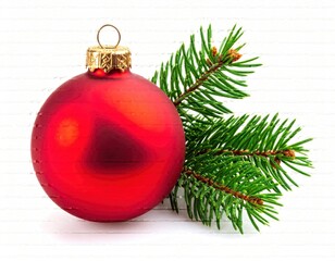 Shiny red christmas ornament with pine branch on white background