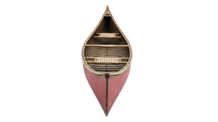 Overhead view of a small pink wooden boat model