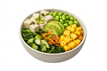 Vegan poke bowl offering a colorful and healthy meal with tofu, edamame, avocado, mango, and fresh green vegetables. Transparent background
