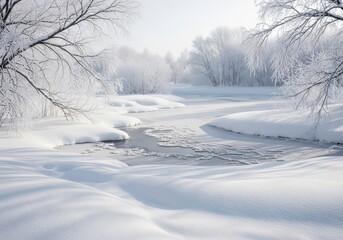 Obraz premium Serene winter landscape with a flowing river through snow covered trees