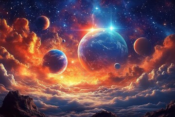 majestic alien sky with multiple glowing planets, bright stars and fiery orange nebula clouds above a rocky mountain foreground, evoking awe and wonder