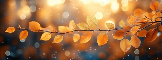 Sunlit thin branch of orange autumn leaves with soft bokeh lights and shimmering particles creating a warm, serene, magical atmosphere