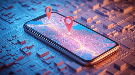 Smartphone displaying glowing digital city map with two red location pins and a highlighted route on a neon 3D urban model, conveying futuristic navigation and discovery