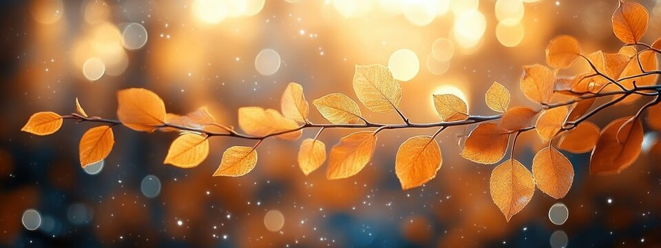 Sunlit thin branch of orange autumn leaves with soft bokeh lights and shimmering particles creating a warm, serene, magical atmosphere - Powered by Adobe