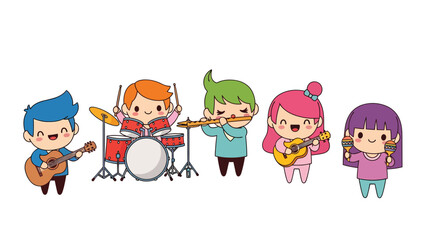 Fototapeta premium Cute Cartoon Kids Band Playing Musical Instruments Joyful Children Rock Band Fun