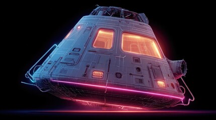 Neon space capsule glowing with sleek electric lines, stylized re-entry vehicle illustration in vibrant neon for space mission visuals