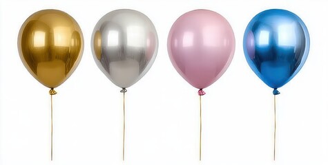 Four metallic balloons in gold, silver, pink and blue tied to thin gold strings, lined up against a white background, shiny reflective surfaces conveying a joyful celebratory mood