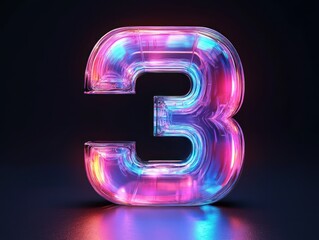glowing translucent glass digit three with neon pink and blue iridescent lighting on dark background, futuristic playful mood