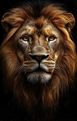 Naklejka premium Close-up portrait of a lion's golden mane and ears against a dark background, evoking majestic power and quiet intensity