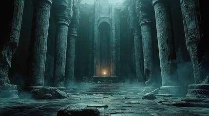 Ancient ruined temple hall with towering carved stone columns, cracked stone floor and steps leading to a lone candle on an altar, shrouded in mist and eerie solemn light