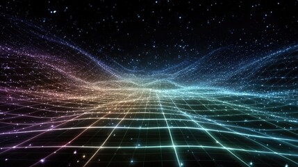 Neon space-time grid glowing with warped electric lines, stylized digital physics concept in glowing neon style for theoretical science artwork