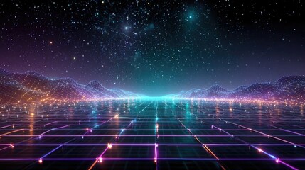 Neon space-time grid glowing with warped electric lines, stylized digital physics concept in glowing neon style for theoretical science artwork
