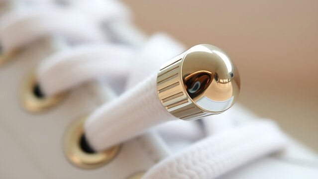 osmium. Polished metal aglet at the end of a white shoelace with metallic texture. lifestyle magazines, social media lookbooks, designed for lifestyle magazines and social media content.