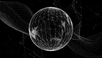 Abstract digital sphere with connected dots and lines on black background.