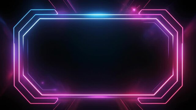 A neon-lit octagonal frame glows with blue and pink hues against a dark background