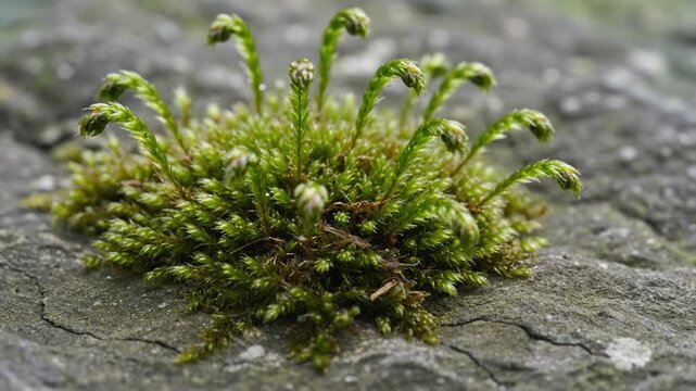 Close-up of moss growing on a textured stone surface with small spore capsules